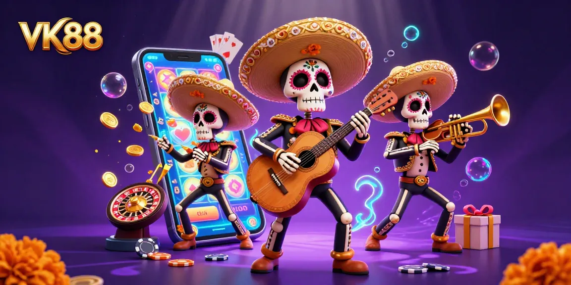 Engage in thrilling gaming adventures at VK88 with a vibrant casino scene featuring mariachis and games.