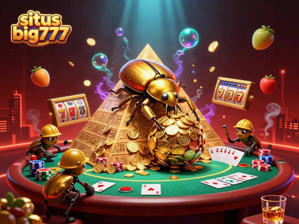 Situs big777 showcases a vibrant casino scene with a massive golden beetle and slot symbols.
