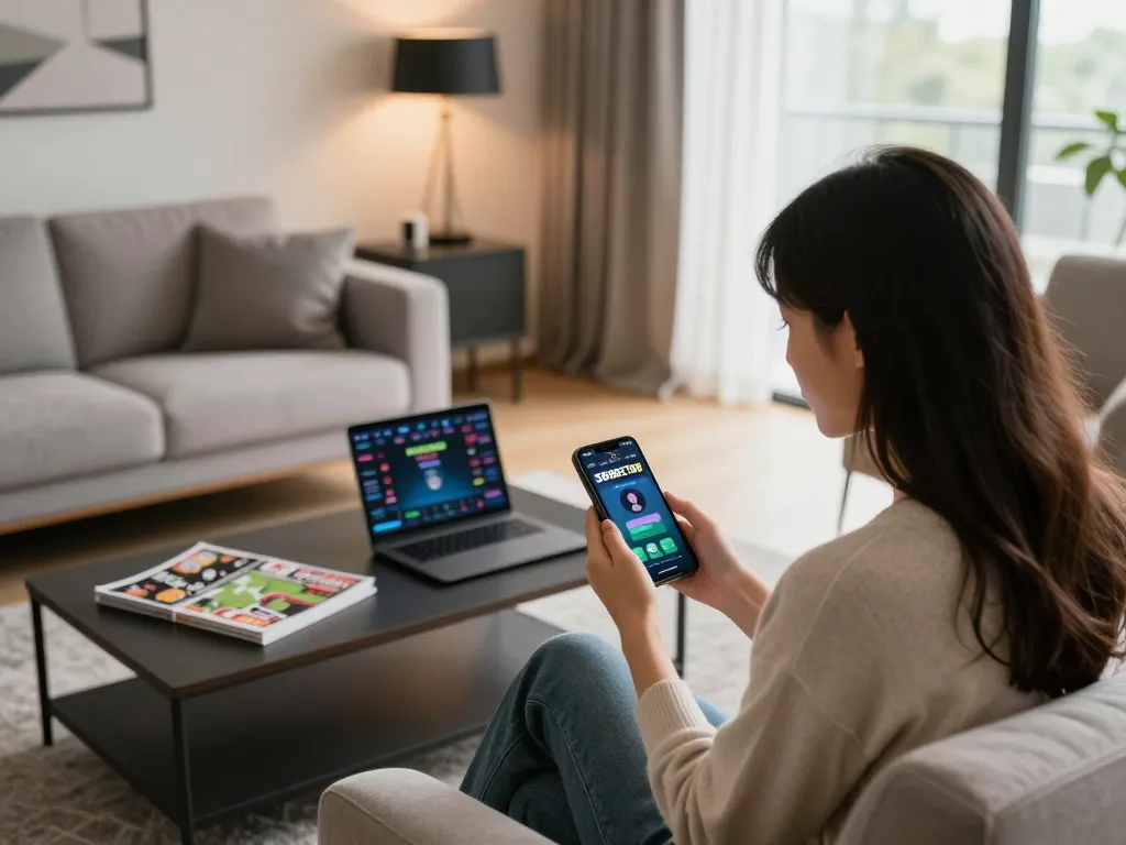 Aplikasi SBOBET88 ditampilkan di smartphone selama sesi taruhan olahraga online di lingkungan rumah yang stylish.