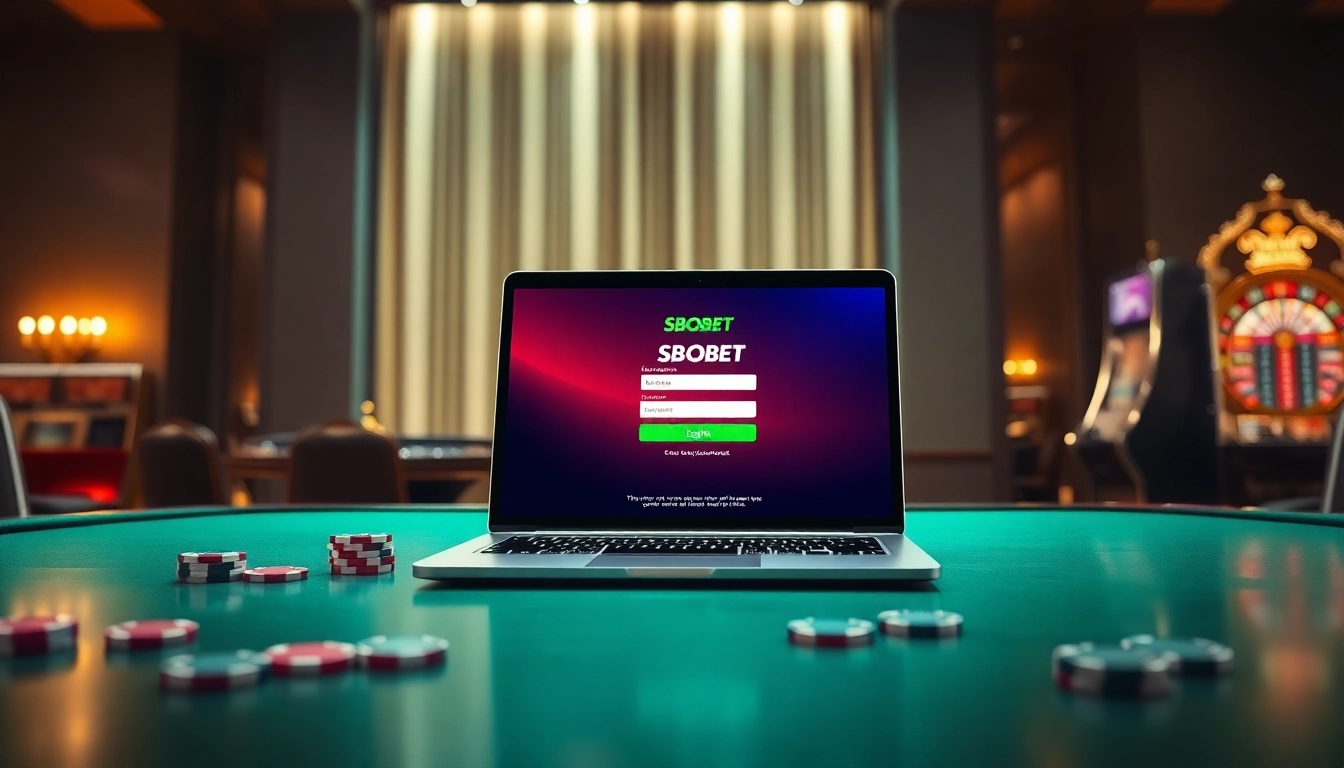 Sbobet login Indonesia interface displayed on a luxury laptop with casino elements like poker chips and a roulette wheel.