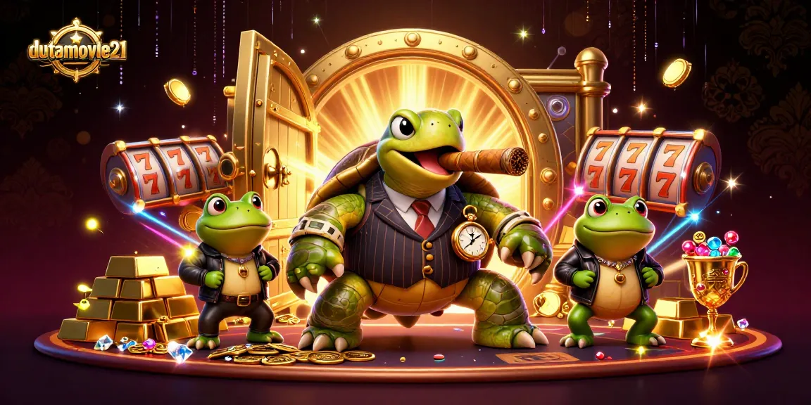 Dutamovie21 showcases a vibrant casino scene with a snapping turtle and bullfrog characters amidst slot reels and gold treasures.