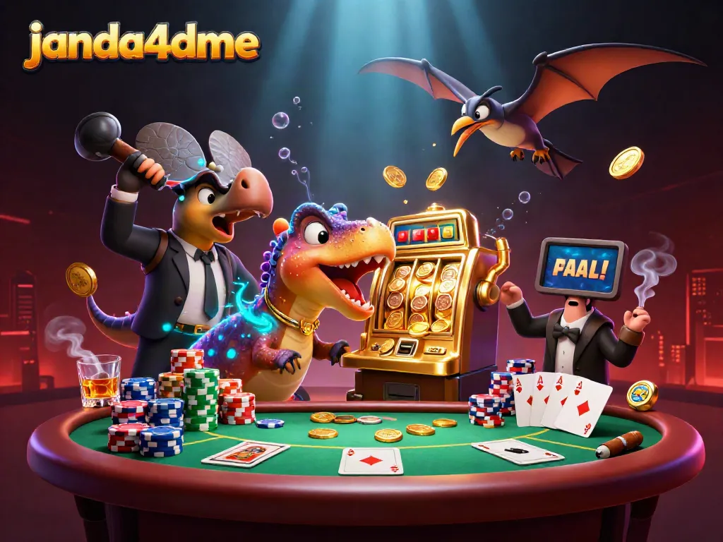 Janda4dme menampilkan pachycephalosaurus yang memukul mesin slot emas, mengeluarkan koin jackpot.
