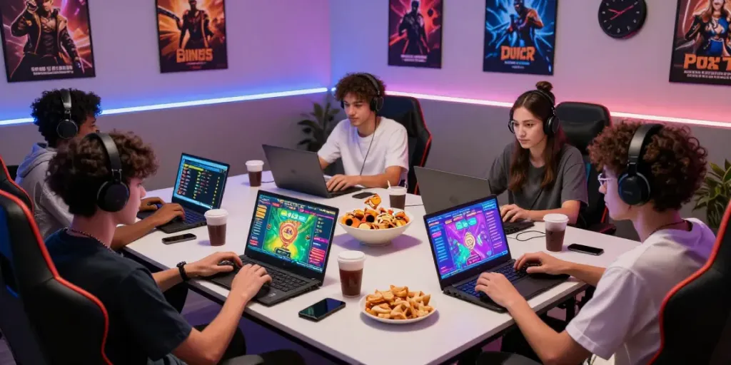 Group of young adults actively engaged in the unsurtoto virtual lottery game in a vibrant gaming environment.