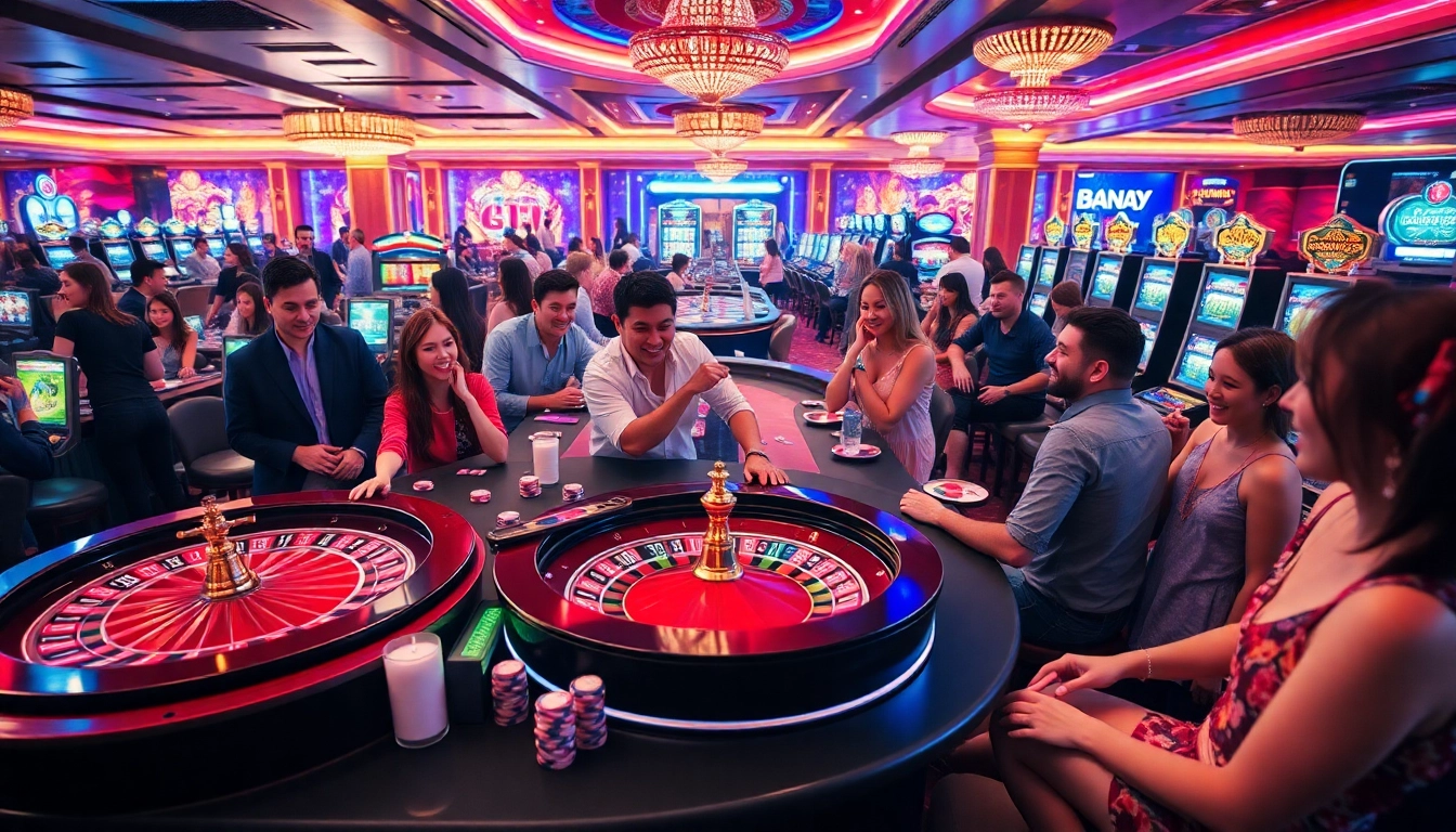 8DAY casino featuring vibrant gaming tables, roulette wheel, and excited players immersed in thrilling games.