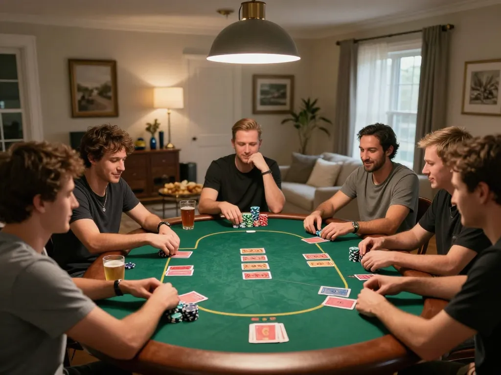 Players enjoying a lively poker night at home, showcasing cm88 strategies in a cozy setting
