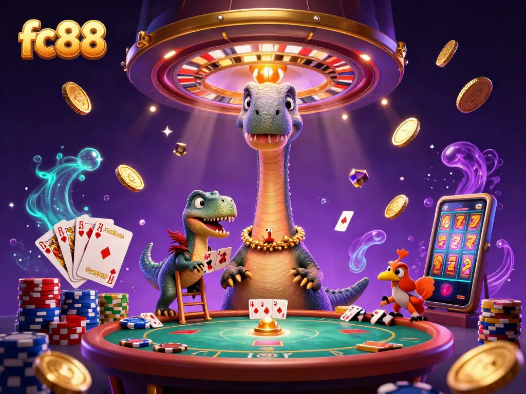 Experience the whimsical world of fc88, where a dinosaur surprises players at a dynamic casino setup.