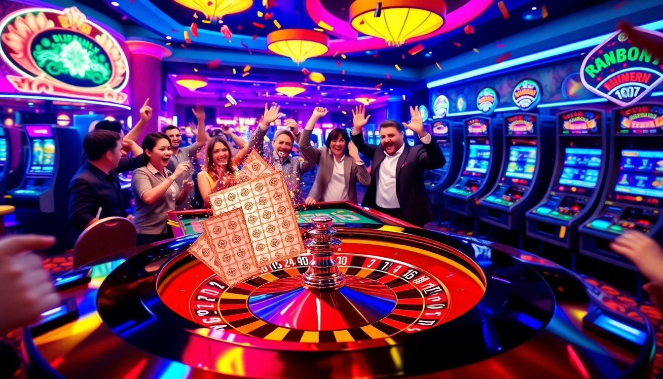 A thrilling casino scene depicting the explosion of a prize-winning lottery, with players celebrating emotions.