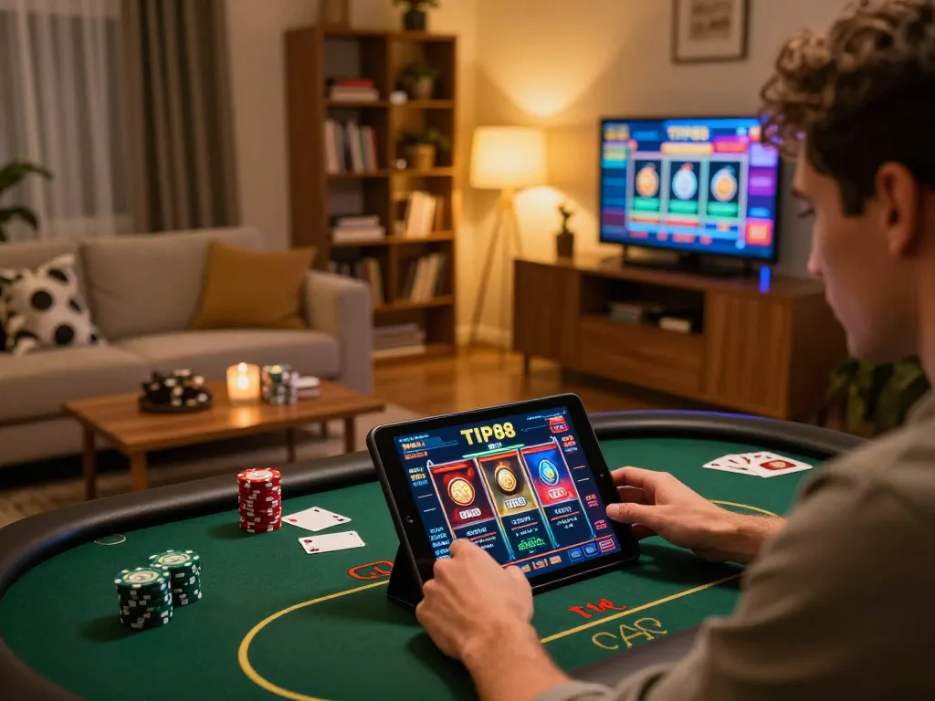Engaging gameplay on TIP88 app with a player strategizing for online poker and slots