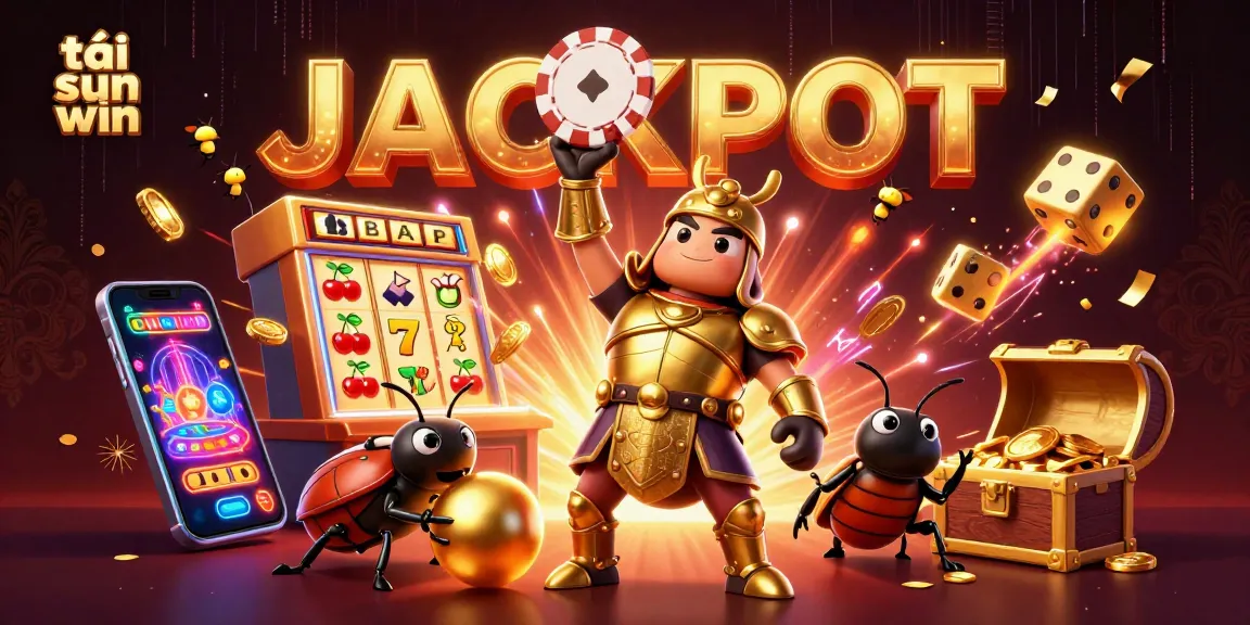 Experience the thrill of tải sun win with a jubilant 3D beetle duo celebrating a jackpot alongside vibrant casino elements.