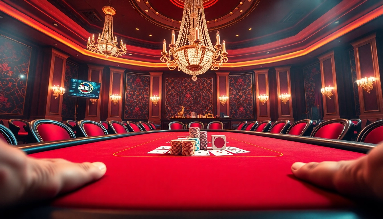 Experience an exciting poker game at 8kbet with luxurious chips and cards laid out on an elegant table.