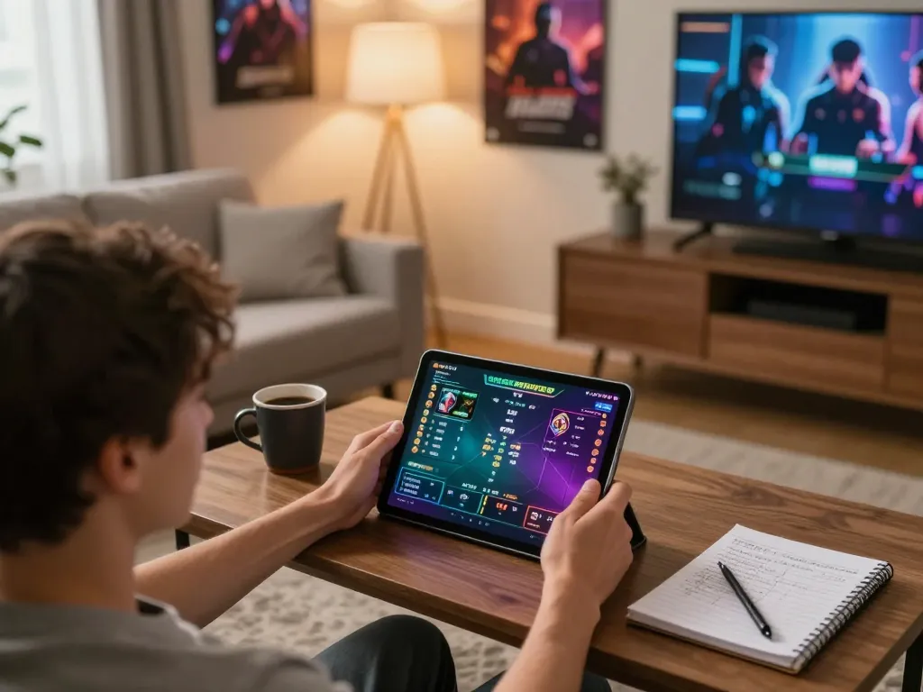 Engaging in esport betting Singapore through a tablet in a cozy setting with odds displayed on the screen.