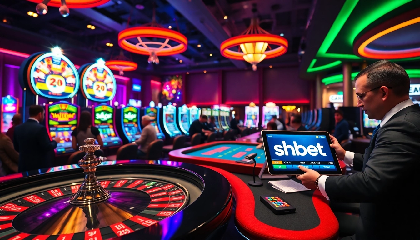 Experience high-stakes gambling at SHBET's premier casino with vibrant roulette and blackjack action.