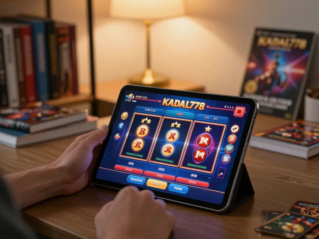 KADAL778 player engaging in online slot games via tablet in a cozy home environment, illustrating strategic gambling.