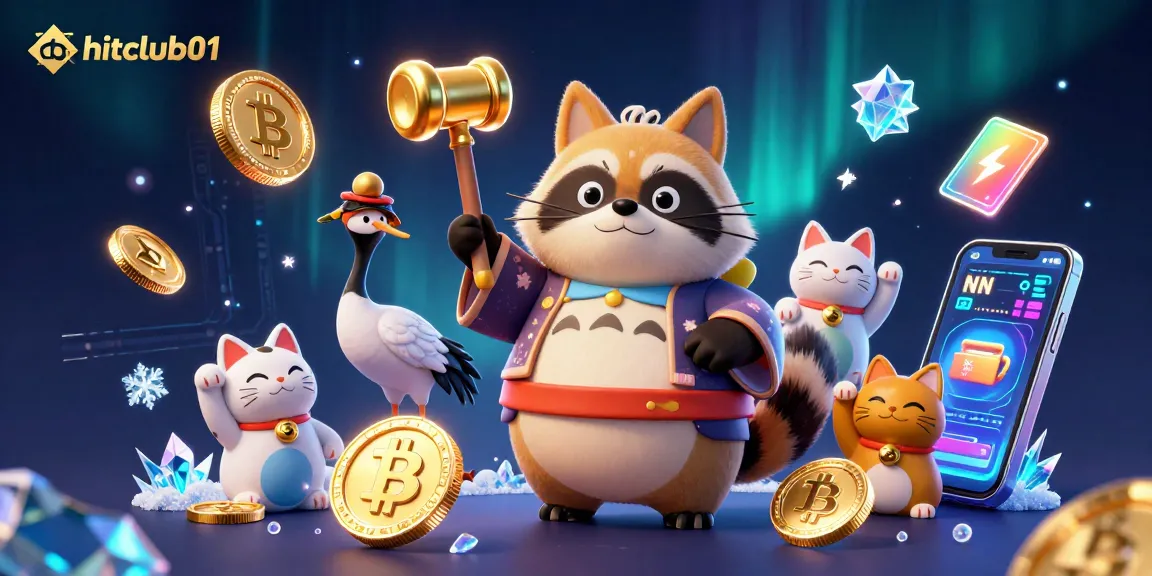 Engage with hitclub01, featuring a cheerful tanuki and lucky symbols in a vibrant casino landscape.