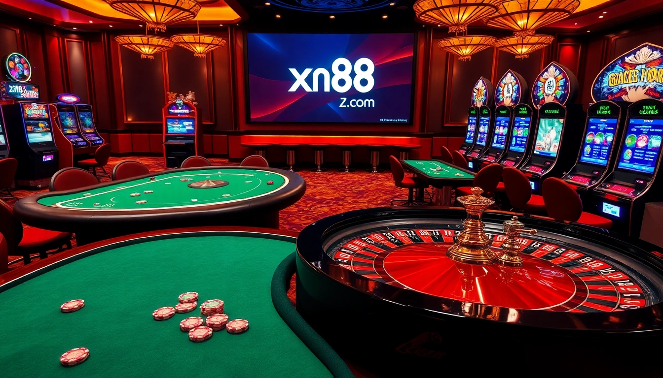 Engaging casino scene showcasing xn88 com with roulette, poker, and slot machines.