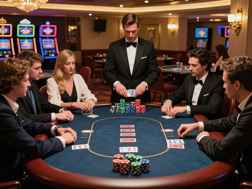 Experience strategic poker gameplay at Lucks8 with elegant casino ambiance and competitive atmosphere.