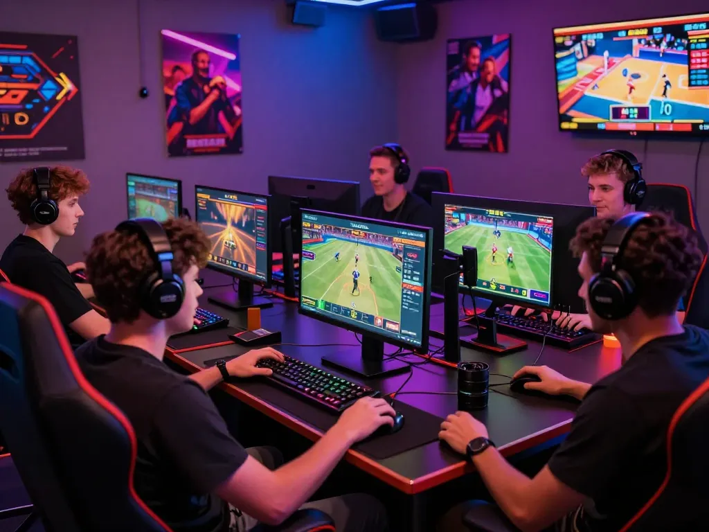 Engaging gamers at modern desks enjoying tv88 com online betting experience with vibrant displays.