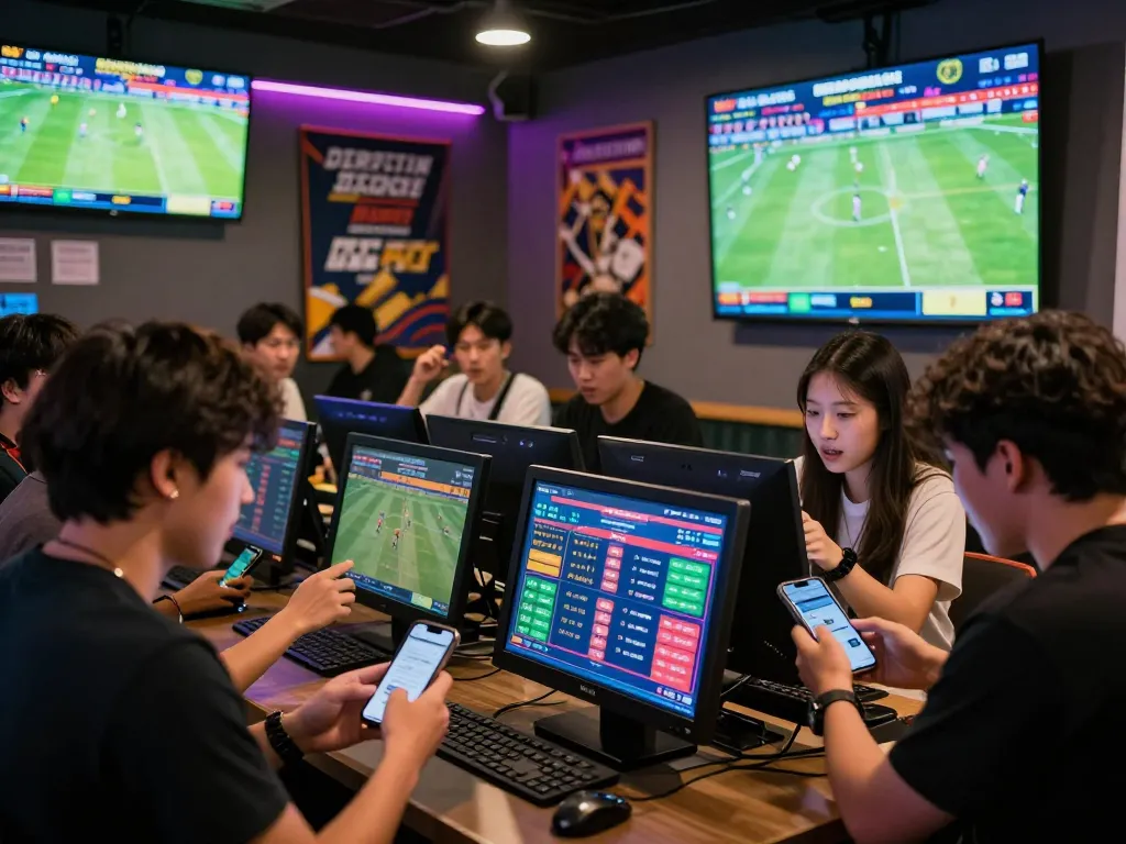 Exciting sports betting environment with debet betting screens and engaged patrons in a modern shop.
