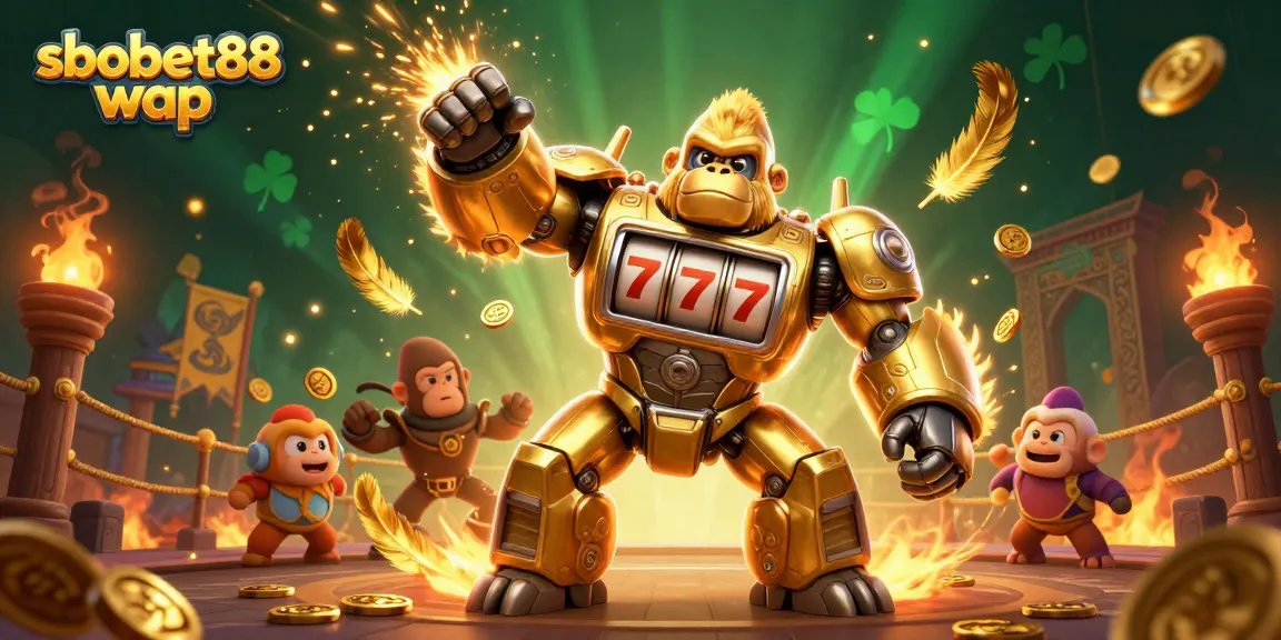 Experience sbobet88 wap with a dynamic 3D scene of a golden gorilla mech amidst vibrant casino elements.