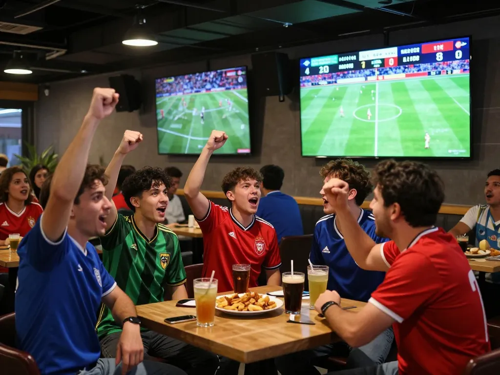 Fans enjoying live football scores and matches at a sports bar with Nowgoal displayed.