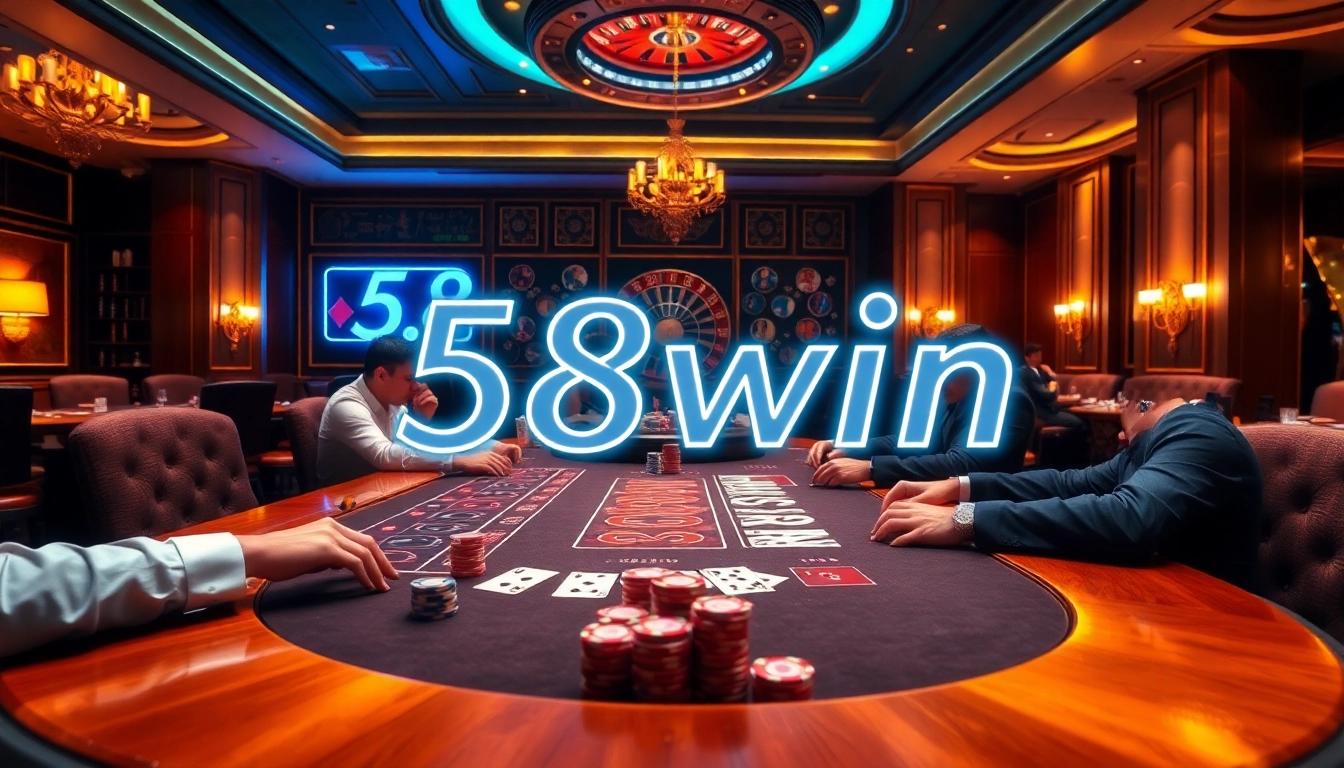 Engaged players at a 58win poker table in a luxurious casino setting filled with vibrant chips and warm lighting.