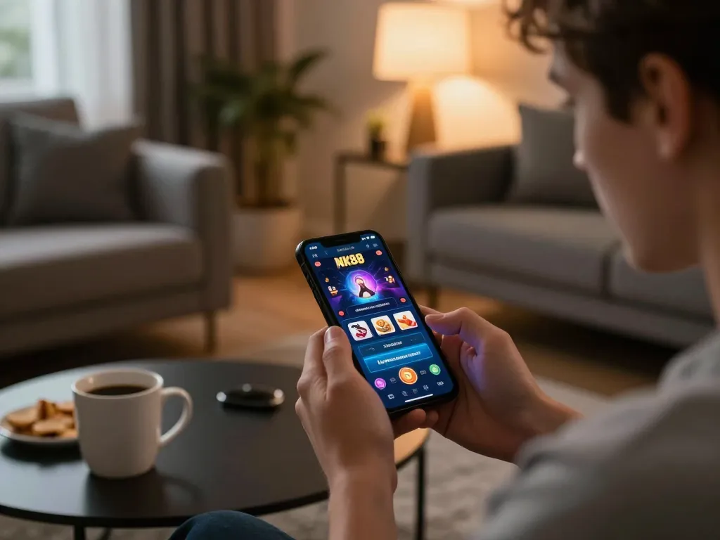 Engaging player using NK88 app on smartphone in a cozy living room atmosphere