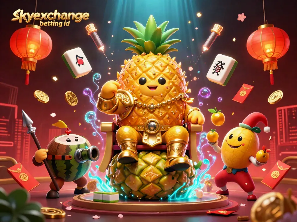 Engage with the thrill of skyexchange betting id in this vibrant casino scene featuring a golden pineapple king and interactive elements.