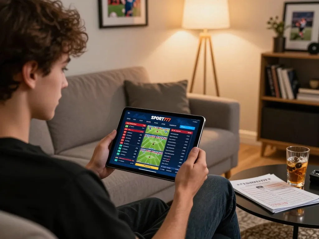 Berinteraksi dengan platform perjudian online SPORT777 di tablet dalam suasana rumah yang nyaman.