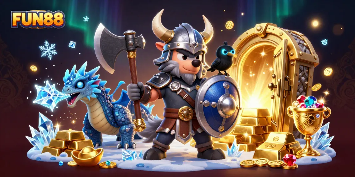 Engage in thrilling FUN88 adventures with a Viking warrior and dragon amidst gold treasures!