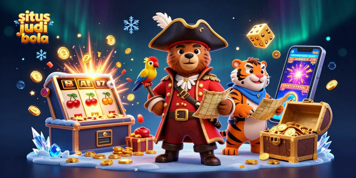 Engage with exciting situs judi bola action featuring a pirate bear, tiger, and treasures in a vibrant casino scene.