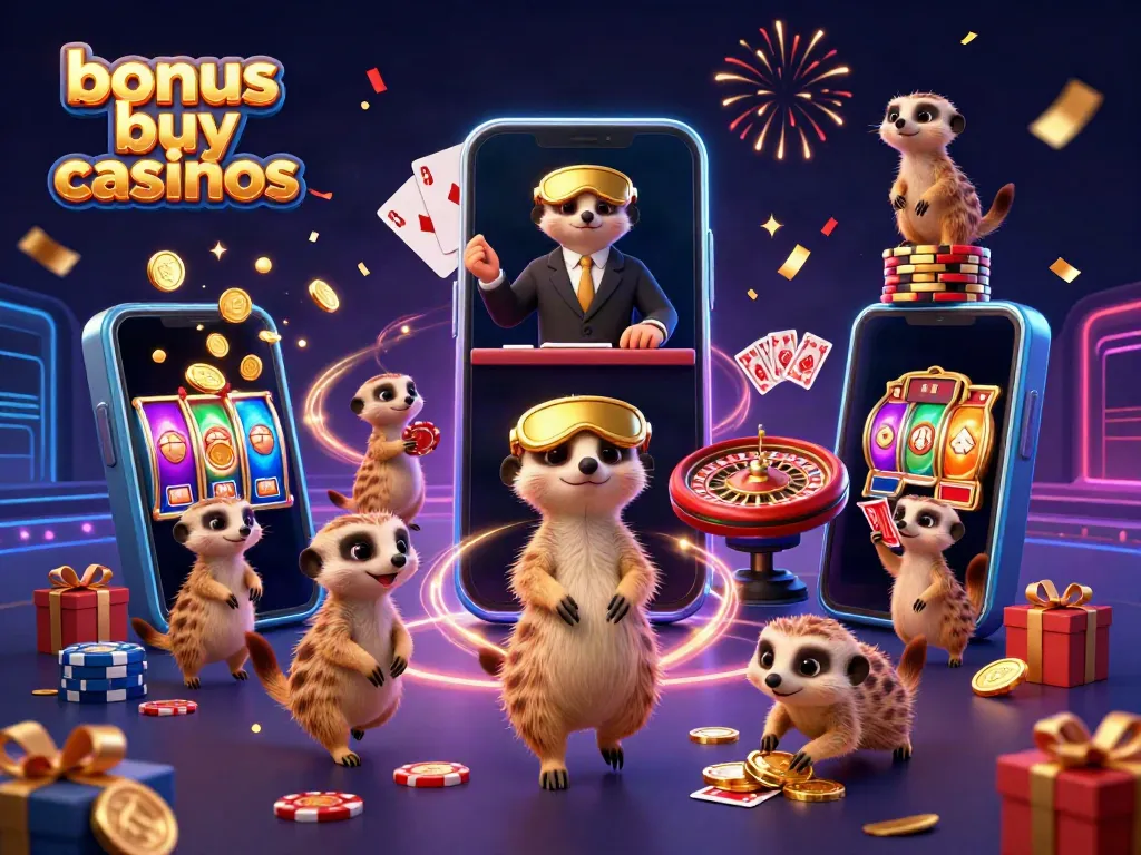 Engaging scene of meerkats operating their casino, highlighting bonus buy casinos.