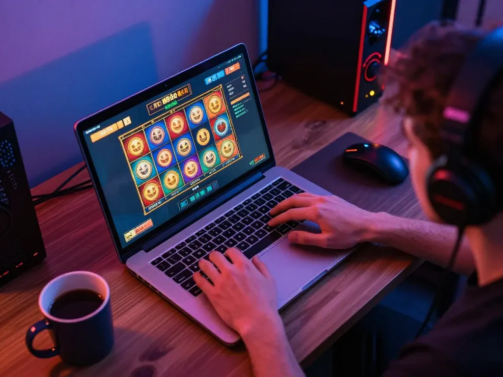 Pemain yang terlibat menikmati permainan slot toto di laptop di suasana rumah modern dengan layar yang cerah.