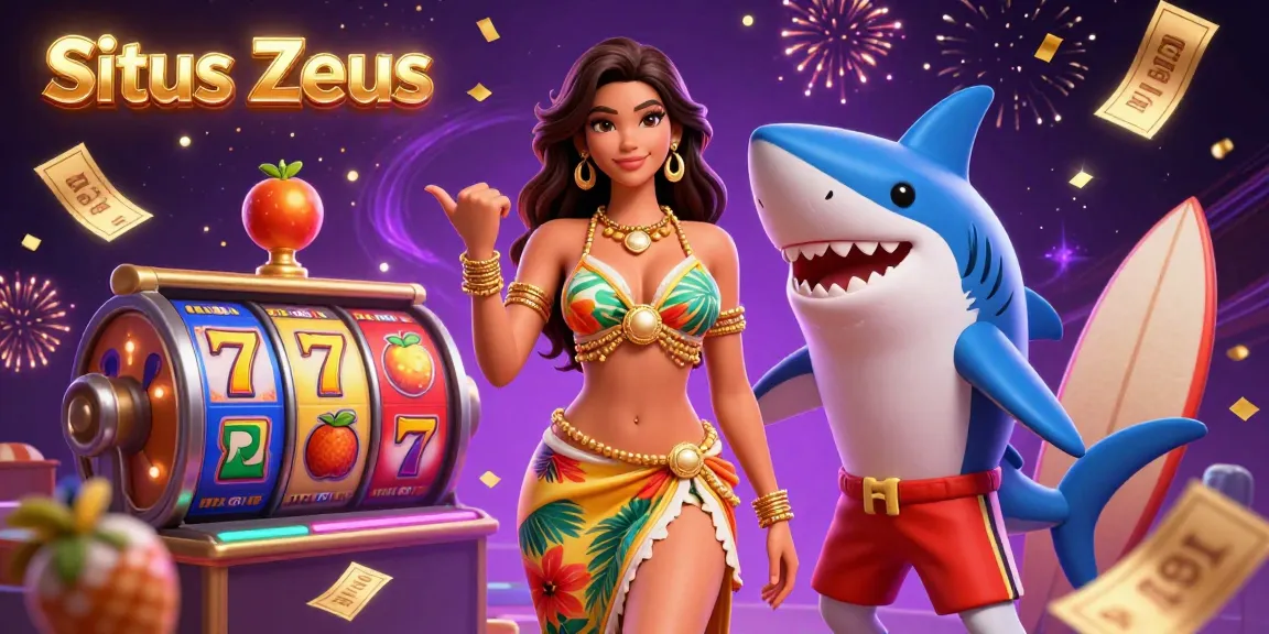Situs Zeus showcases vibrant slot gaming, featuring dynamic reels and celebratory elements spinning around characters.