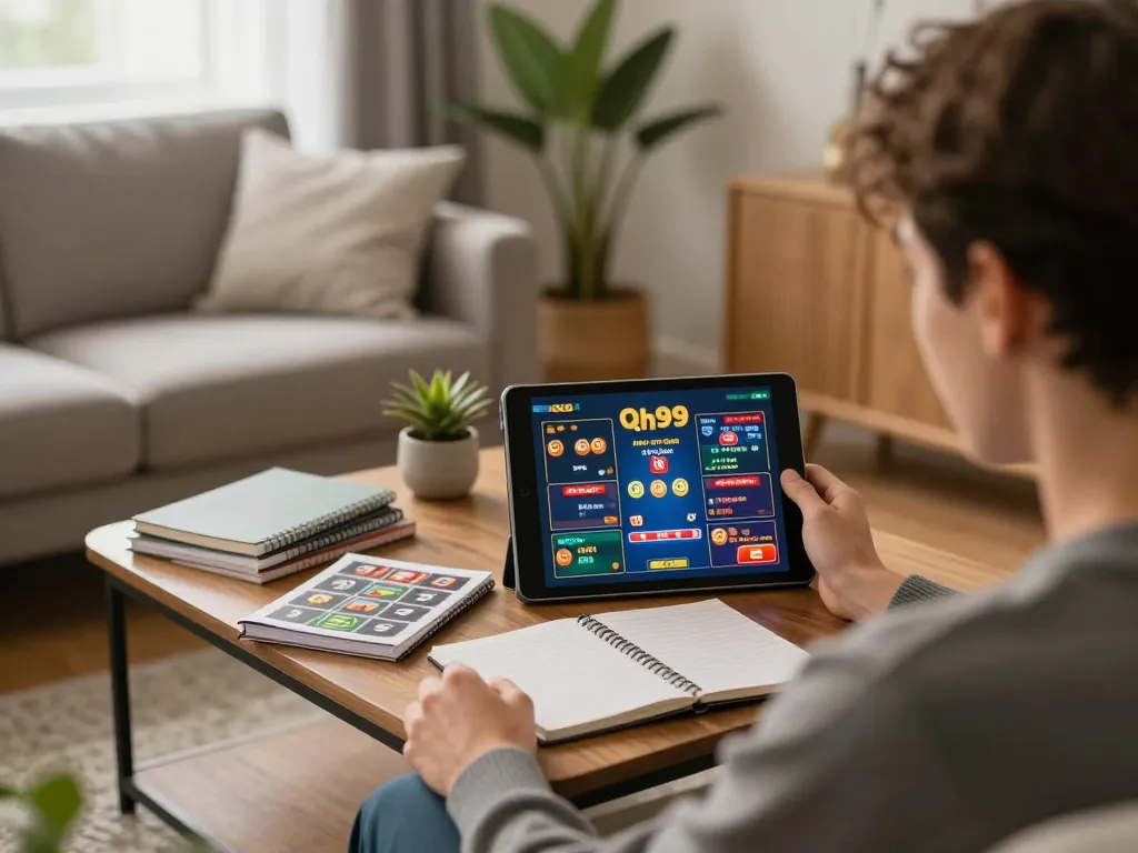 Person engaging on Qh99 platform from home, enjoying online casino games