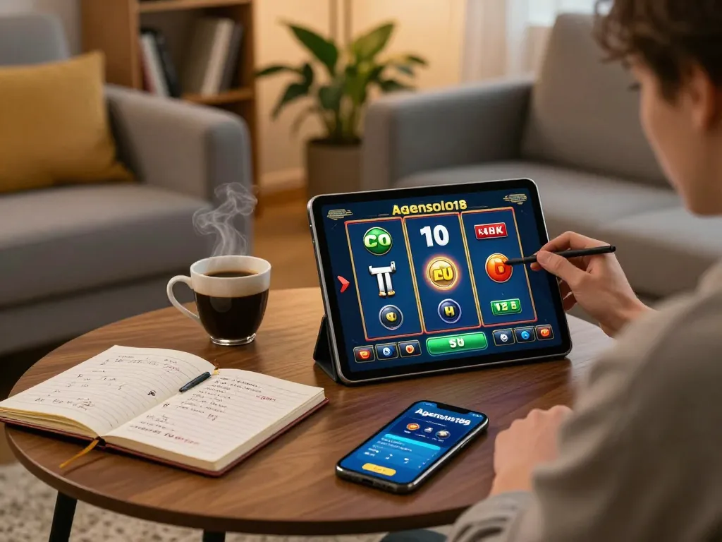 Engaging with the agenslot188 app while enjoying online slot games in a cozy home environment.