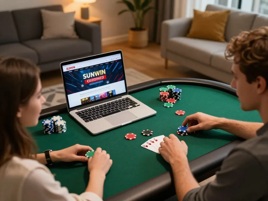 SUNWIN online gaming scene featuring a vibrant home setup with players engaged in poker.