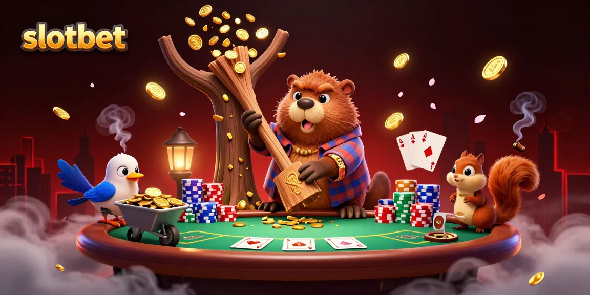Experience the thrill of slotbet as a beaver chops a tree raining coins in a vibrant casino scene.
