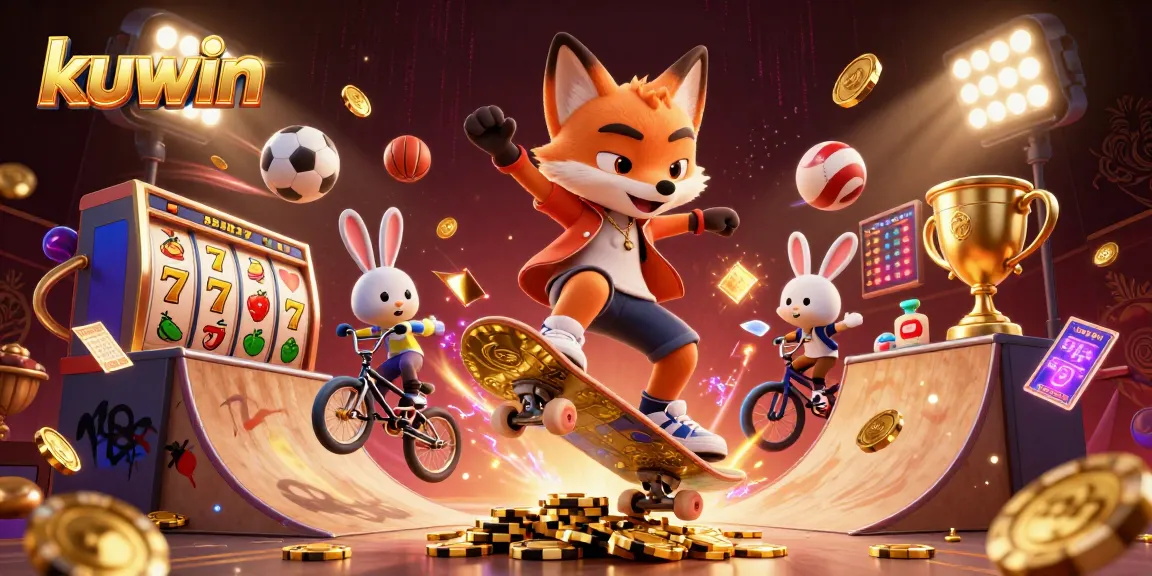 Kuwin showcases thrilling slots with a vibrant scene of a fox and rabbit enjoying casino games.