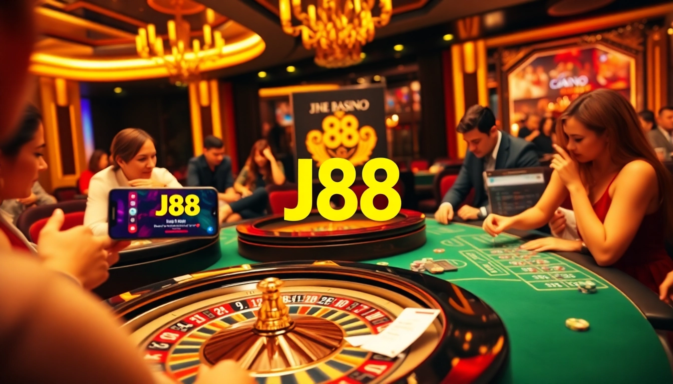 Experience the excitement of gambling at J88 with vibrant casino tables and engaging players.
