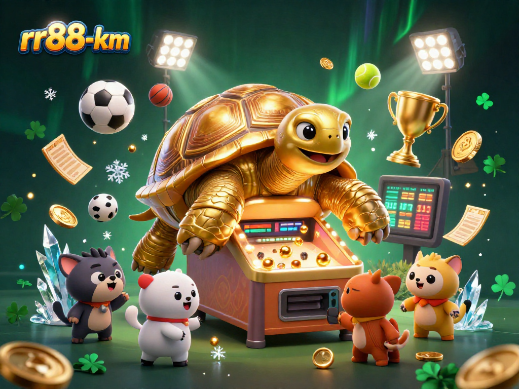 Engage in thrilling gameplay at rr88-km with a captivating scene of a golden tortoise pinball machine and excited animals.