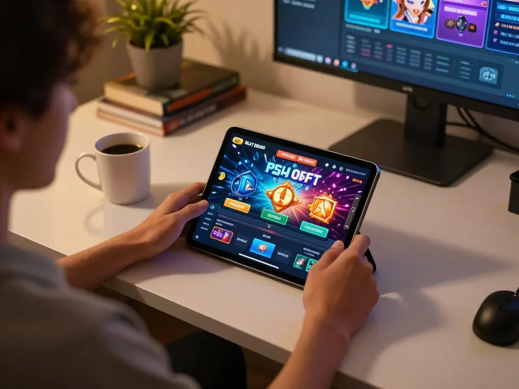 Pengaturan online yang menarik dengan Slot Demo PG Soft ditampilkan di tablet, menampilkan suasana nyaman untuk bermain secara strategis.