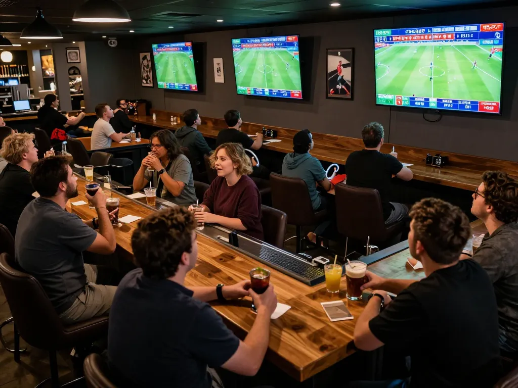 KQBD live scoring and betting excitement at a bustling sports bar.