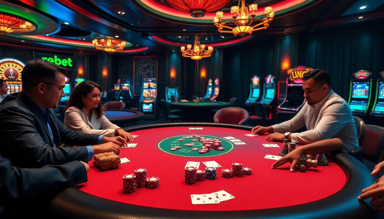 Experienced players competing at a FEBET poker table, showcasing excitement and strategy.
