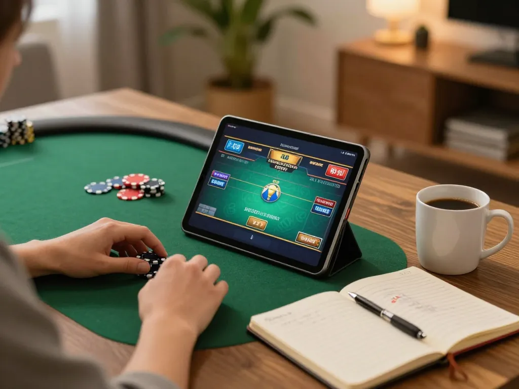 Engaged player enjoying KP88 online poker game at home with strategic notes.