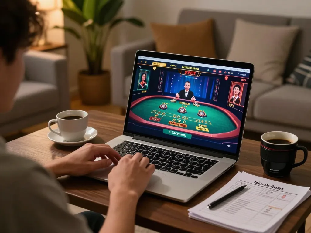 Player enjoying Judi Dadu on live dealer game at home, showcasing immersive online gambling experience