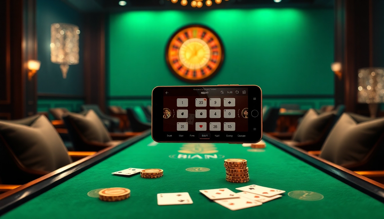 The BDTK1 app enhances your online casino experience with a sleek interface on a smartphone at a luxury casino table.