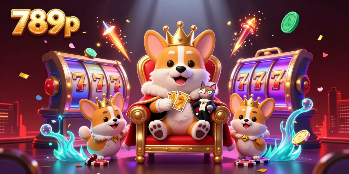 Experience the excitement of 789p casino with a royal corgi on a throne of poker chips surrounded by lucky symbols.