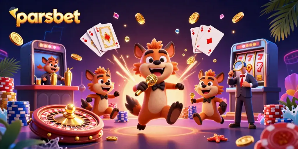 Parsbet'te komedi kulübü sahnesinde canlı hyenalar, altın paralar ve kumar öğeleri ile dolu
