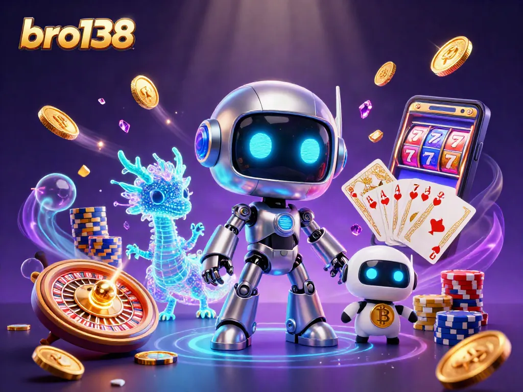 Engage with bro138's vibrant online casino atmosphere featuring neon cyberpunk robot, bitcoin drone, and thrilling game elements.