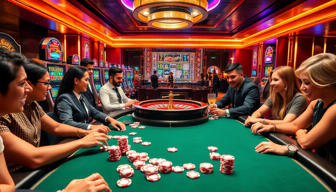 Players enjoying a thrilling game of poker at 789club, surrounded by vibrant slot machines and roulette.